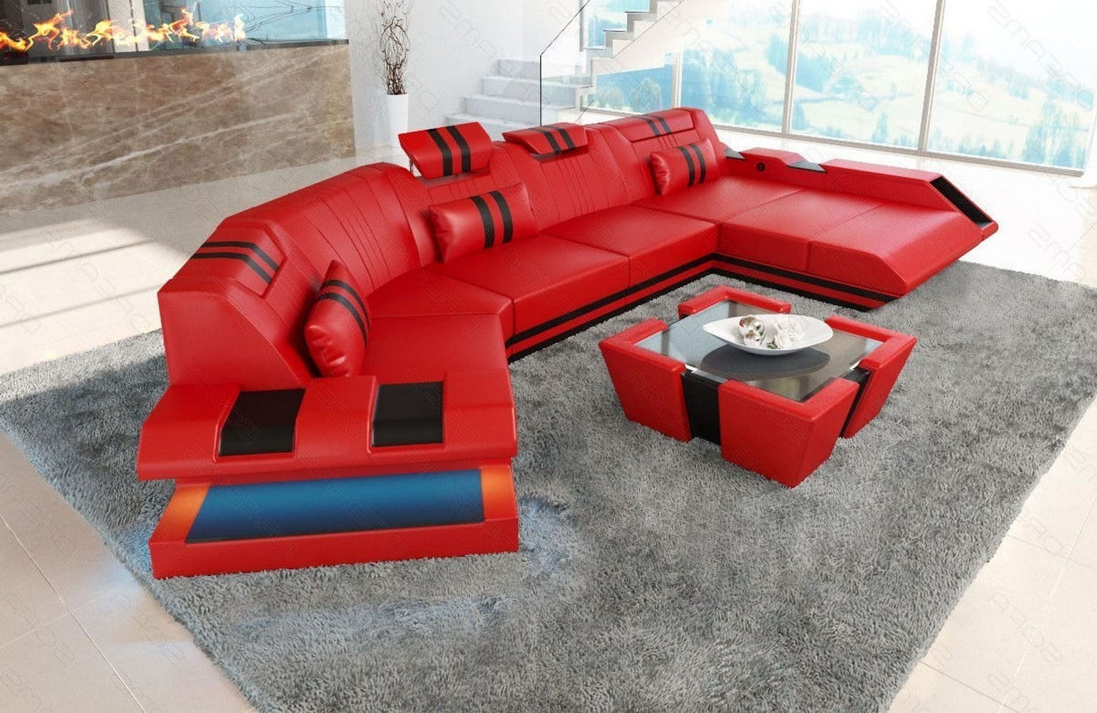 Leder Couch Apollonia C-Form rot-schwarz