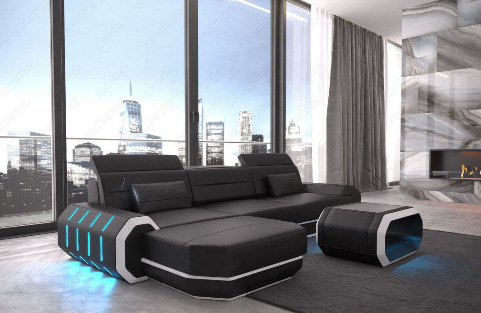 Mini Designersofa Roma L-Form mit LED-Beleuchtung Schwarz-Weiß