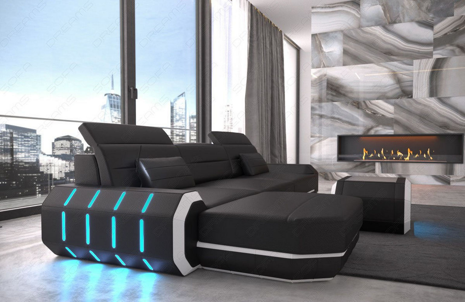 Mini Designersofa Roma L-Form mit LED-Beleuchtung Schwarz-Weiß