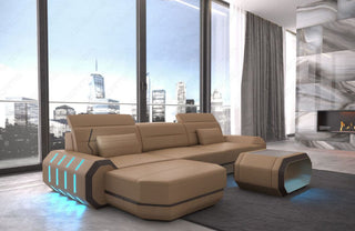 Mini Couch Roma L-Form in Leder Sandbeige-Dunkelbraun