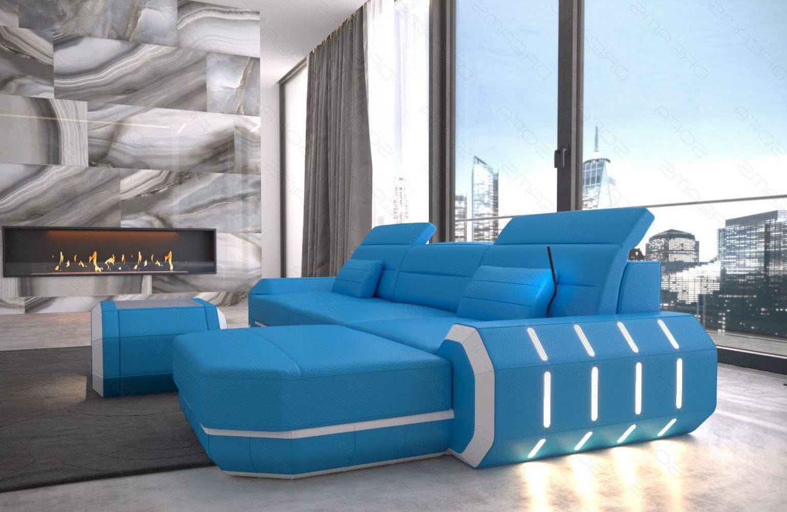 Designersofa Roma L-Form mit LED – Modern blau-weiß