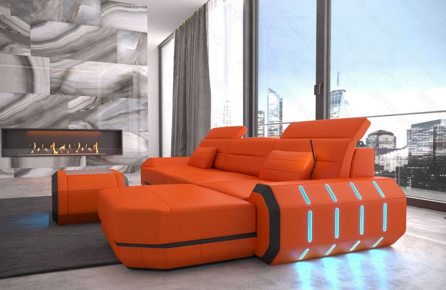 Designersofa Roma L-Form mit LED – Modern orange-schwarz