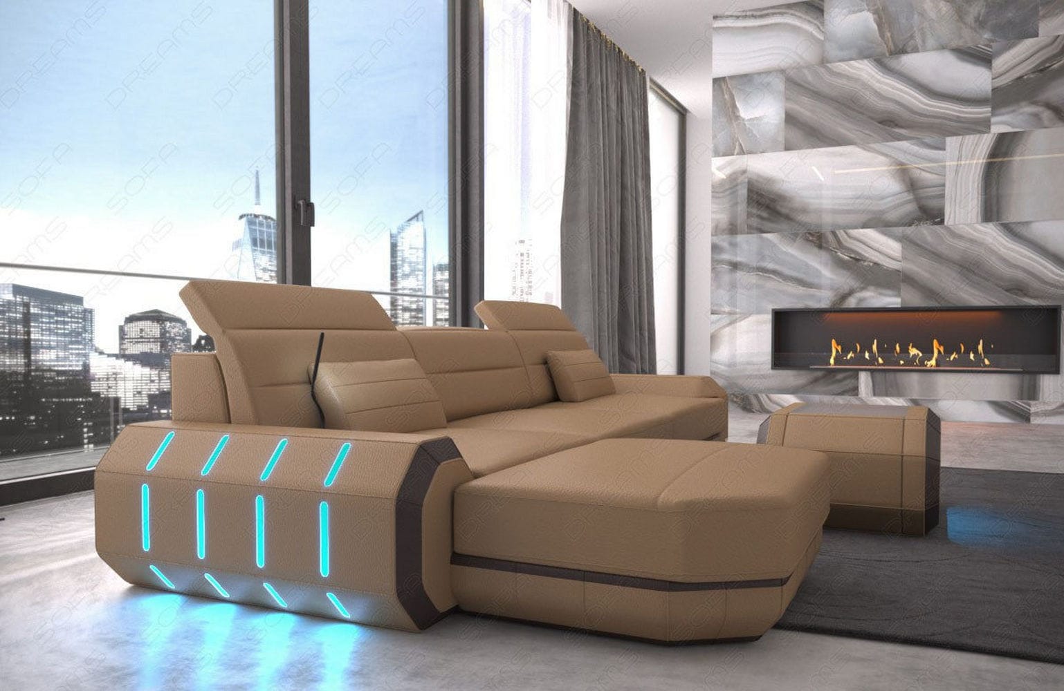 Designersofa Roma L-Form mit LED – Modern sandbeige-dunkelbraun