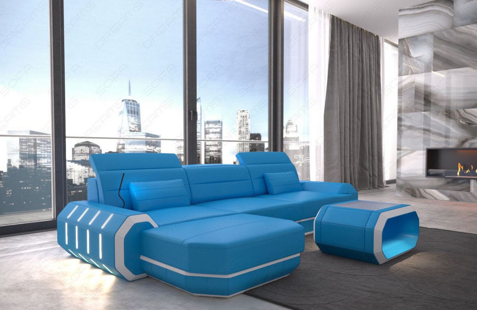 Designersofa Roma L-Form mit LED – Modern blau-weiß