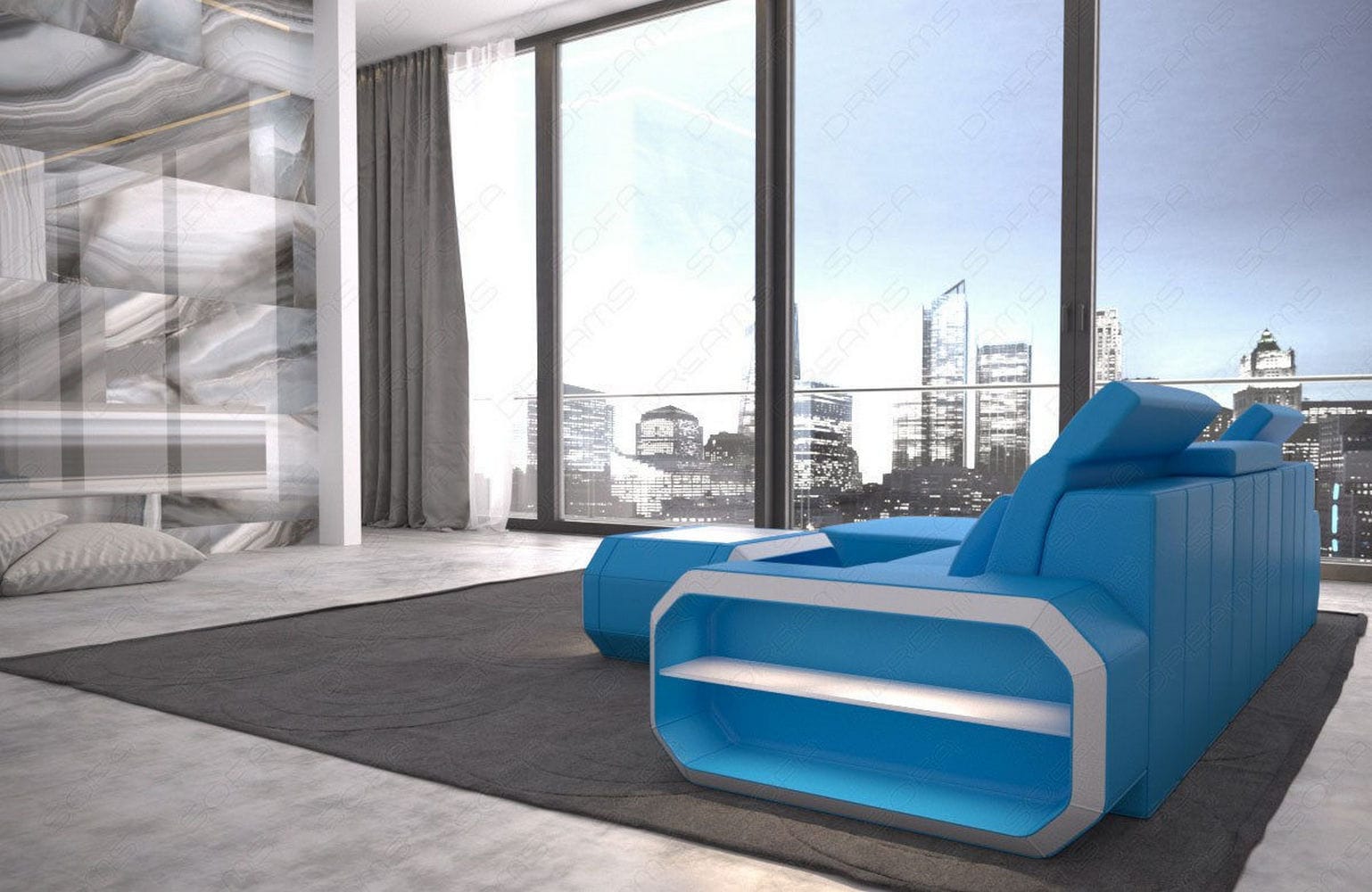 Designersofa Roma L-Form mit LED – Modern blau-weiß