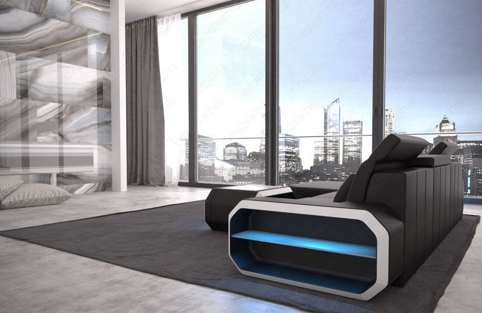Designersofa Roma L-Form mit LED – Modern schwarz-weiß