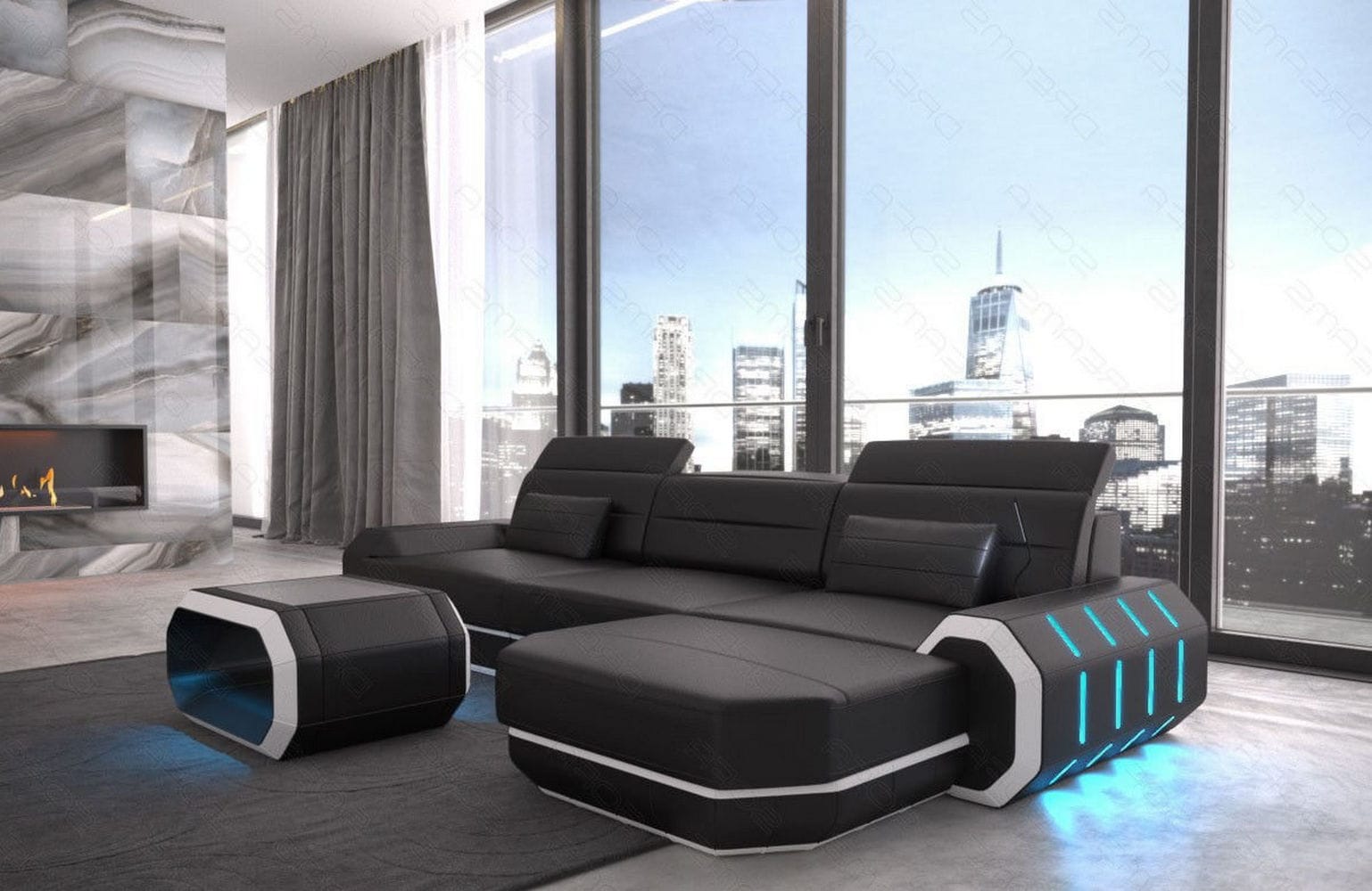 Designersofa Roma L-Form mit LED – Modern schwarz-weiß