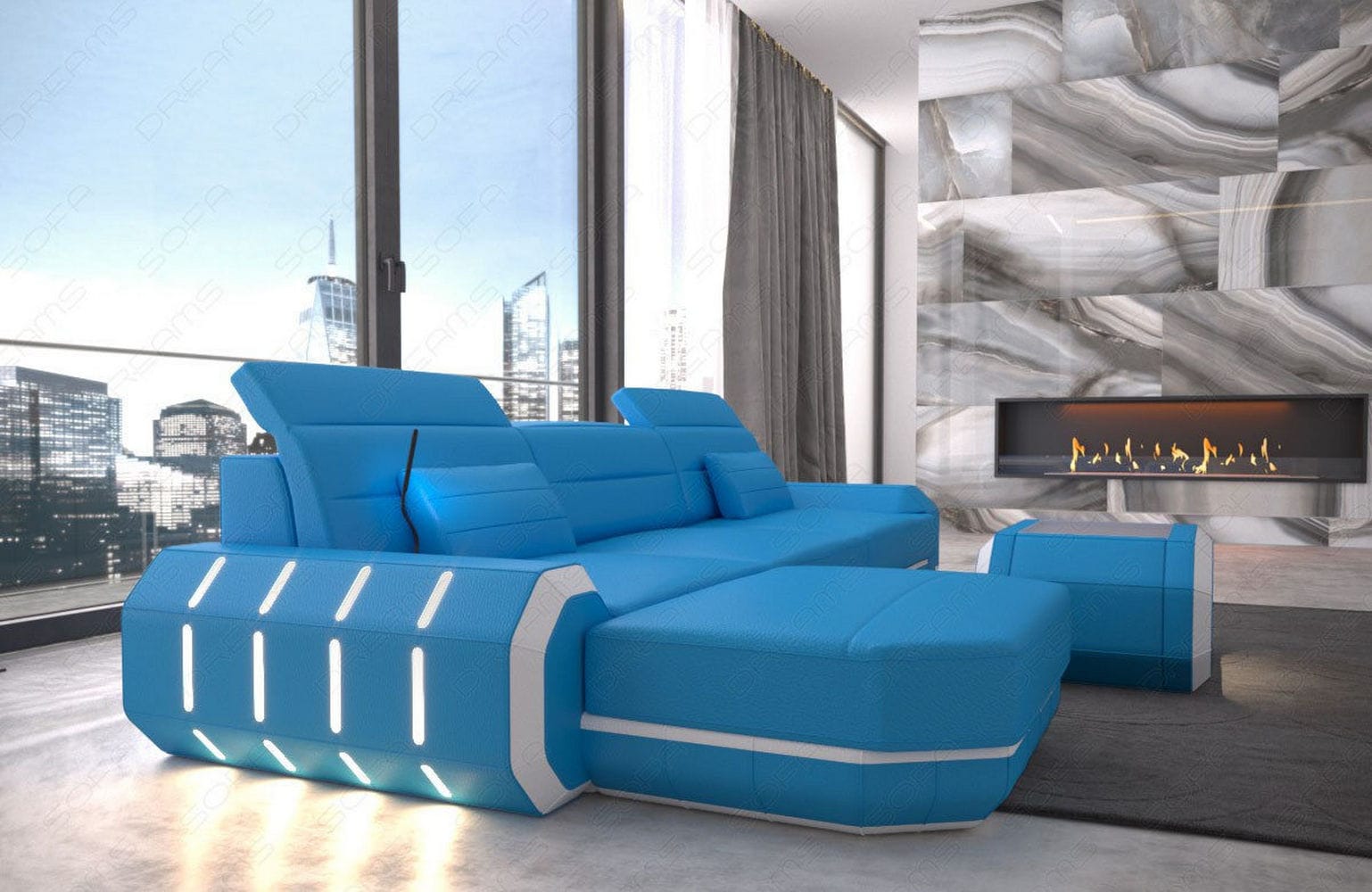 Designersofa Roma L-Form mit LED – Modern blau-weiß