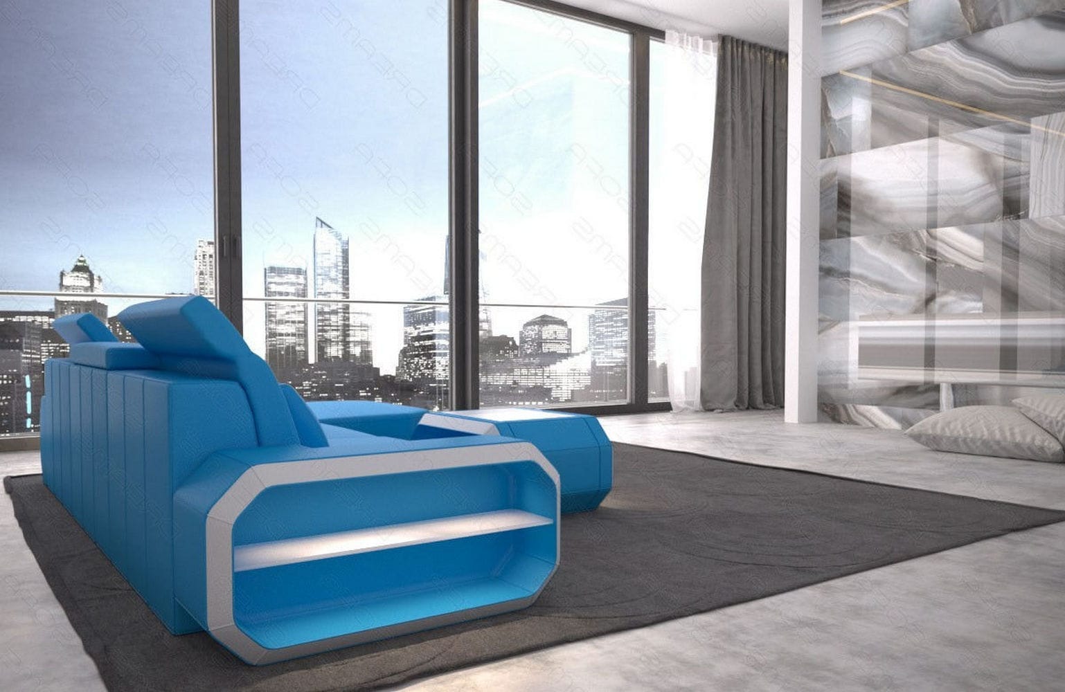 Designersofa Roma L-Form mit LED – Modern blau-weiß