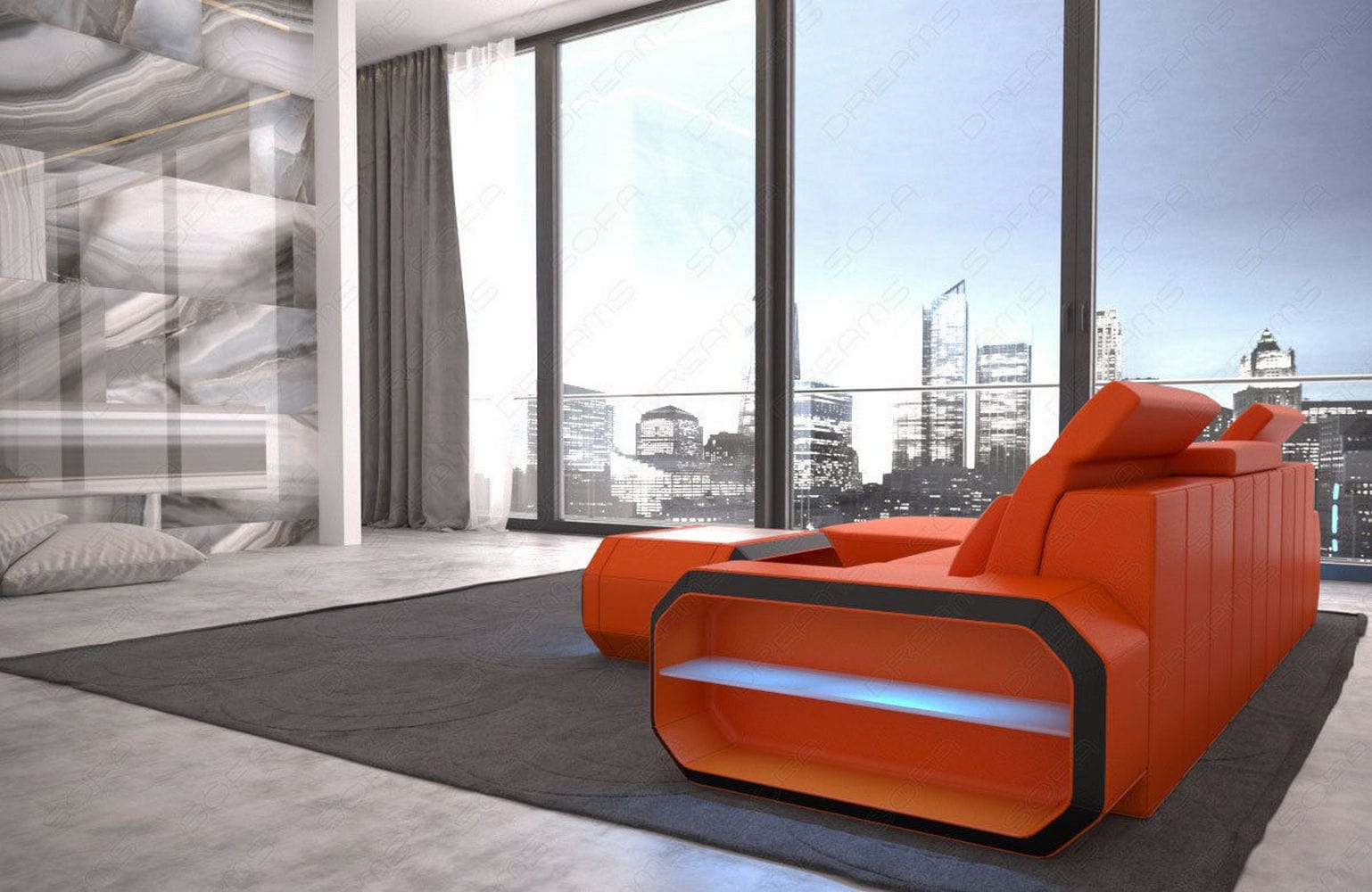 Designersofa Roma L-Form mit LED – Modern orange-schwarz