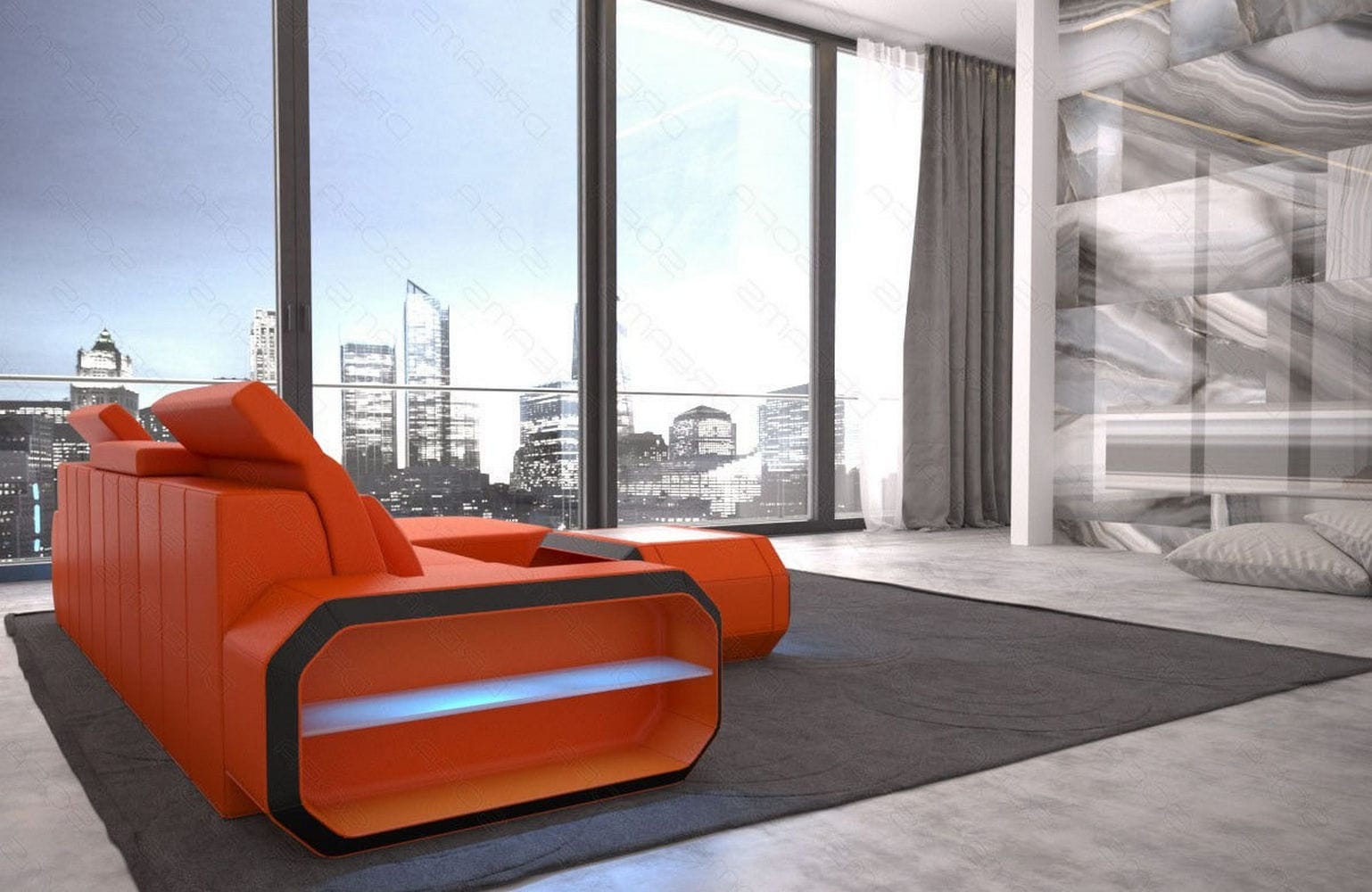 Designersofa Roma L-Form mit LED – Modern orange-schwarz