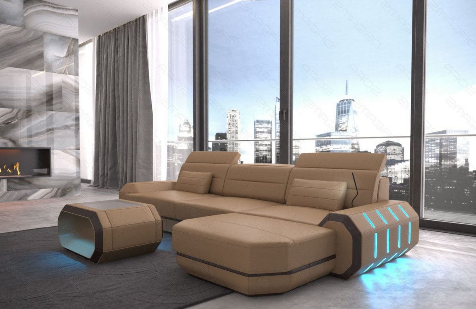 Designersofa Roma L-Form mit LED – Modern sandbeige-dunkelbraun