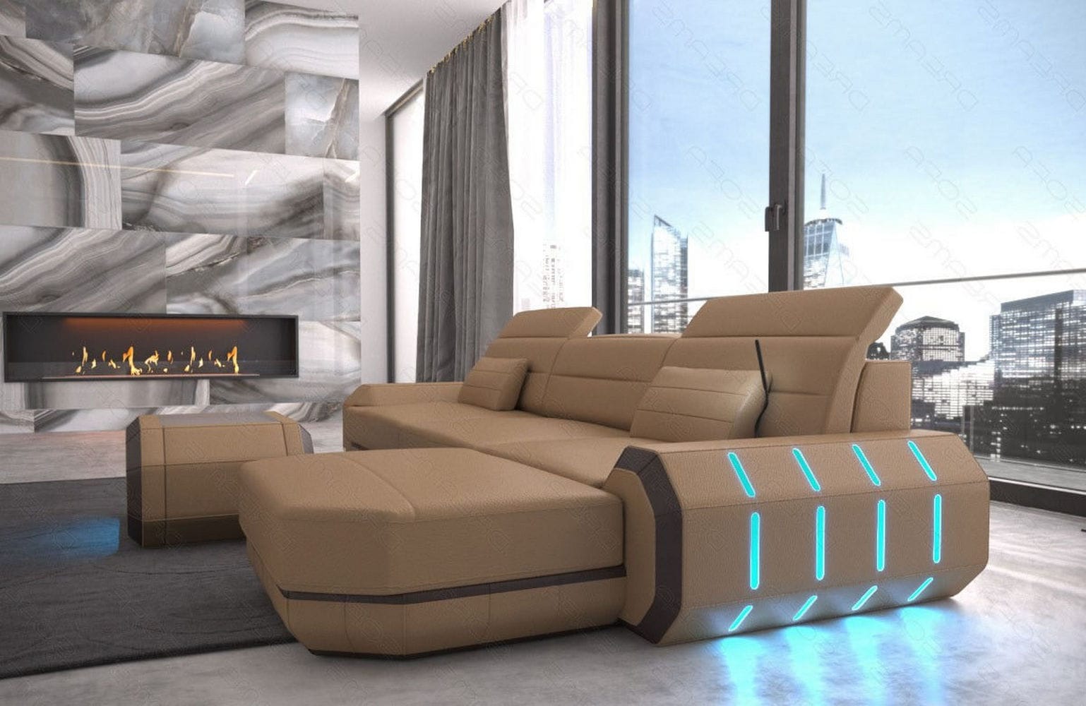 Designersofa Roma L-Form mit LED – Modern sandbeige-dunkelbraun