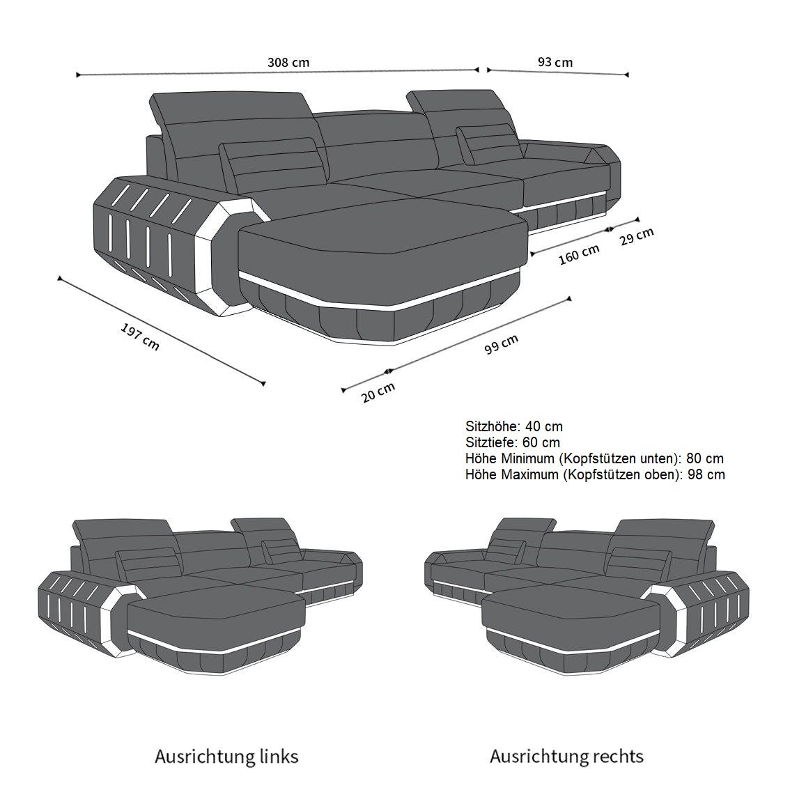Designersofa Roma L-Form mit LED – Modern