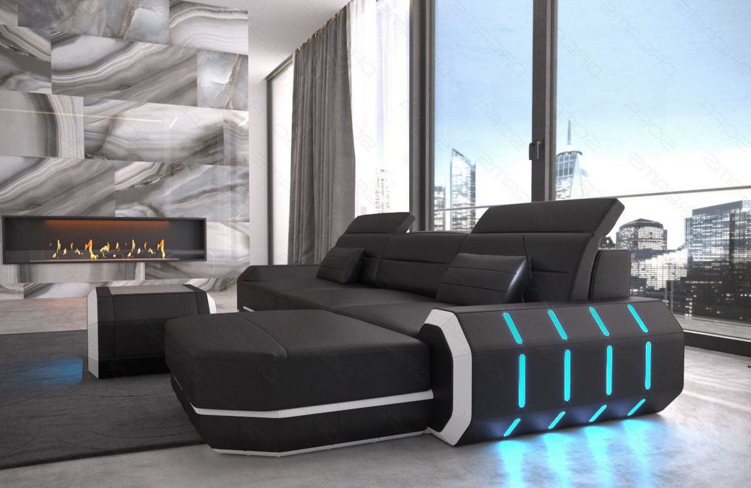 Designersofa Roma L-Form mit LED – Modern schwarz-weiß