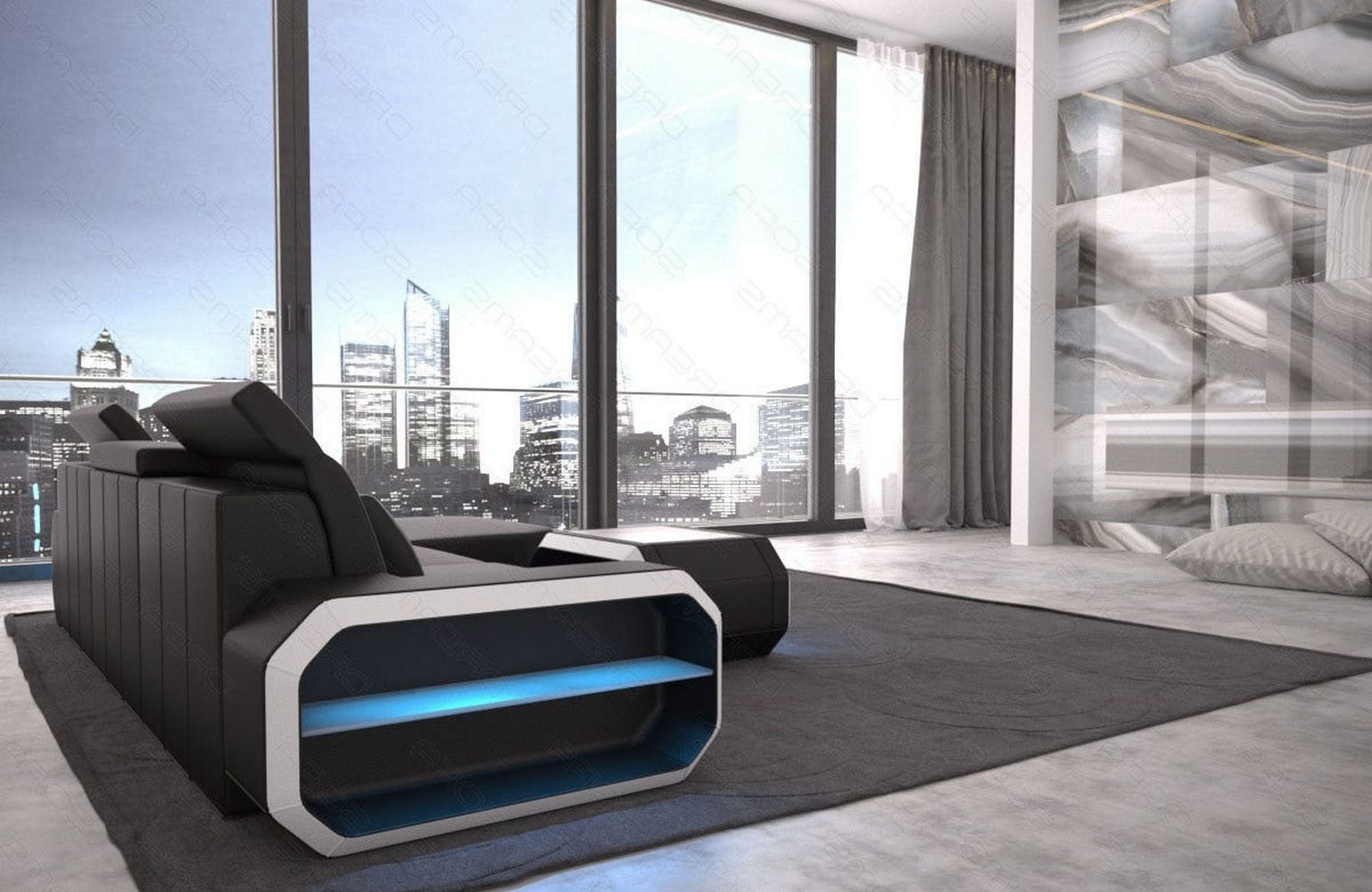 Designersofa Roma L-Form mit LED – Modern schwarz-weiß