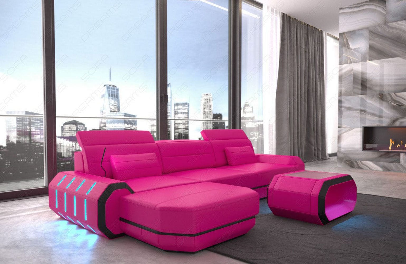 Designersofa Roma L-Form mit LED – Modern pink-schwarz