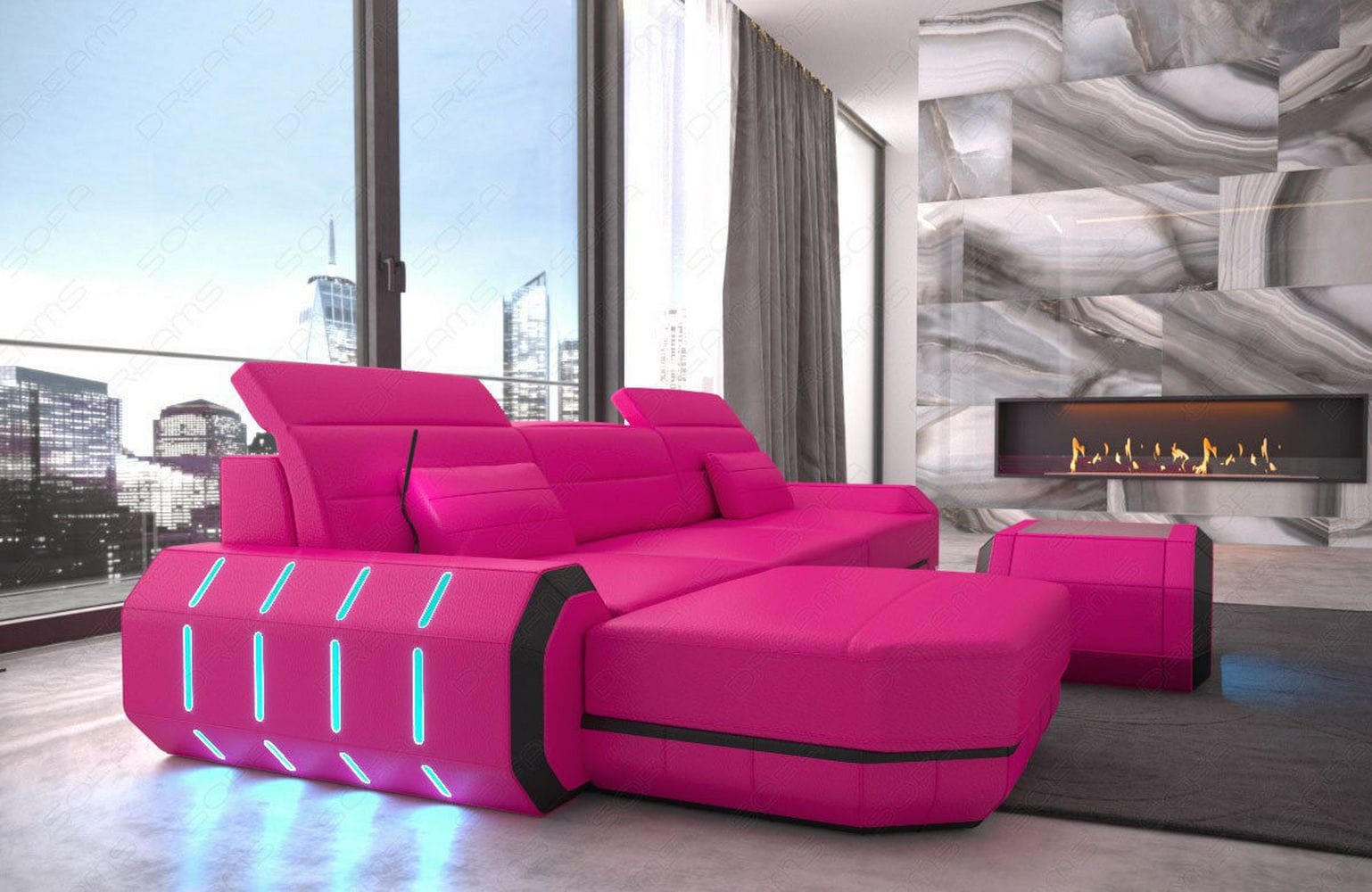Designersofa Roma L-Form mit LED – Modern pink-schwarz