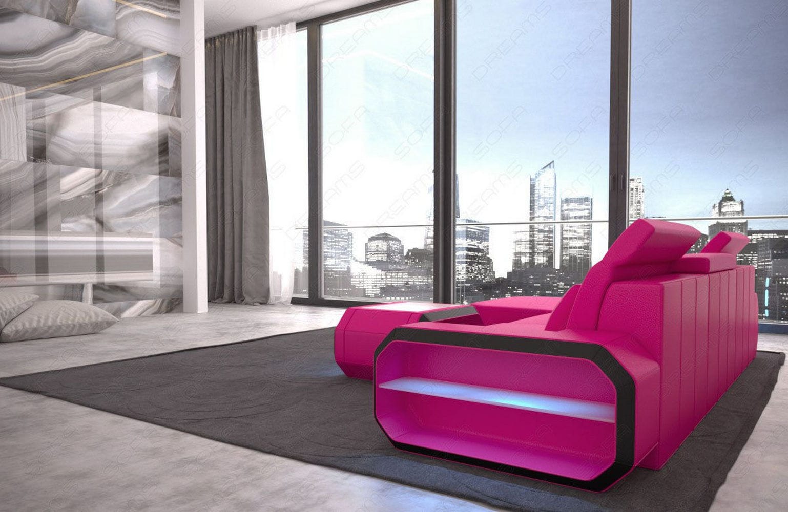 Designersofa Roma L-Form mit LED – Modern pink-schwarz