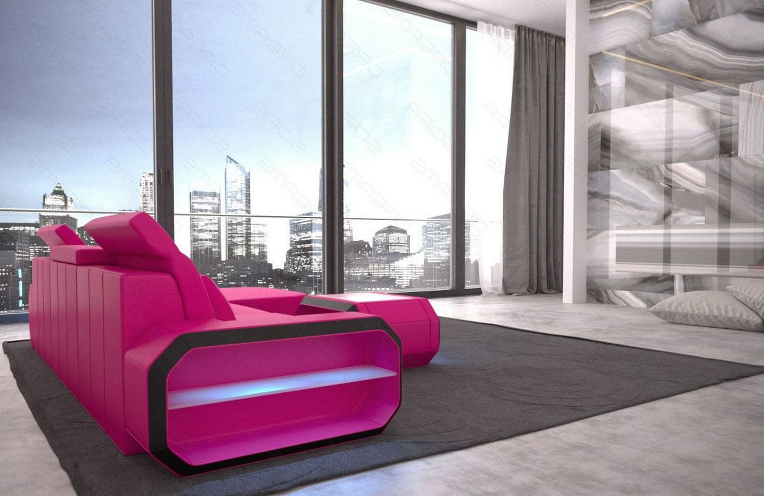 Designersofa Roma L-Form mit LED – Modern pink-schwarz