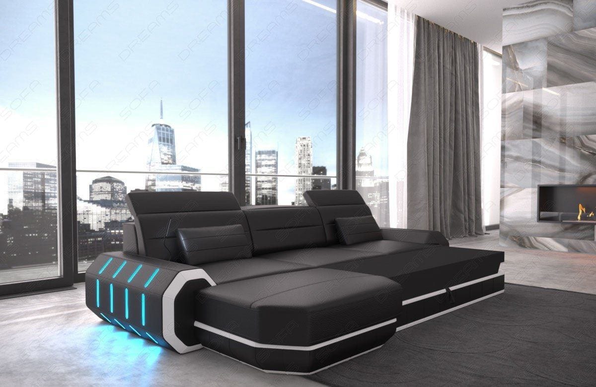 Designersofa Roma L-Form mit LED – Modern sandbeige-dunkelbraun