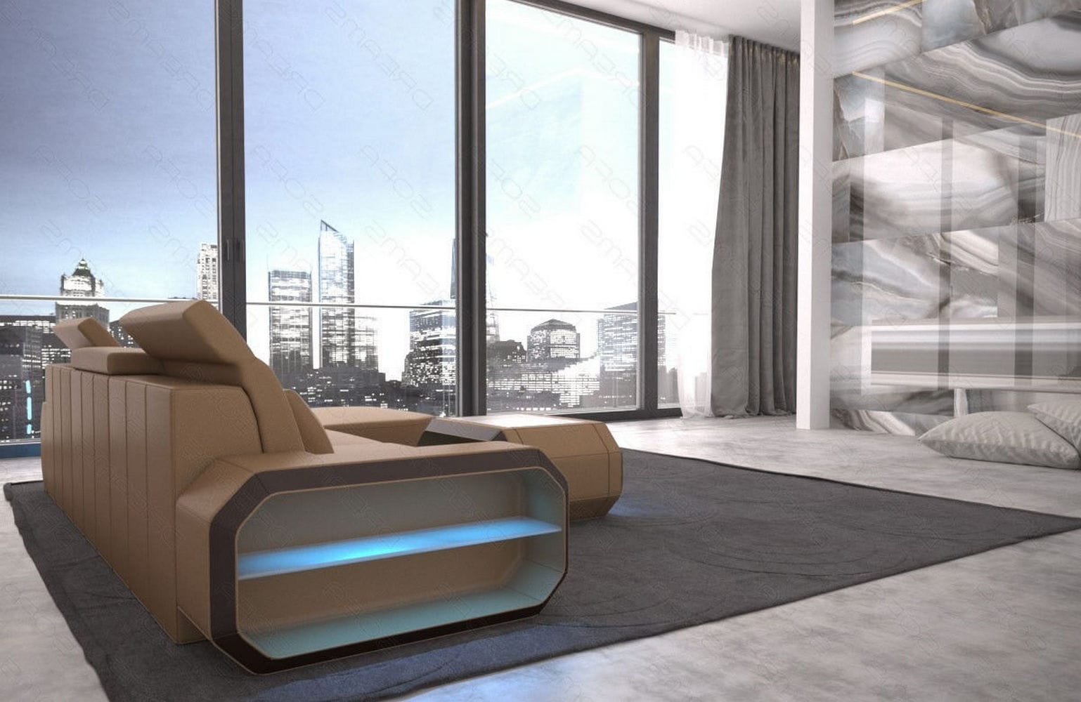 Designersofa Roma L-Form mit LED – Modern sandbeige-dunkelbraun