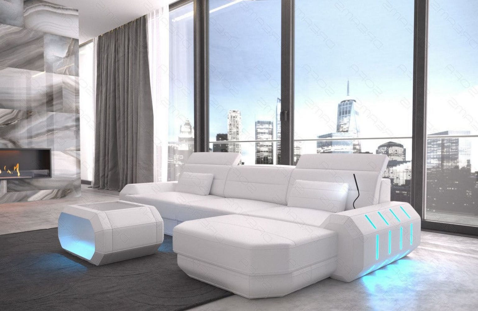 Designersofa Roma L-Form mit LED – Modern weiß