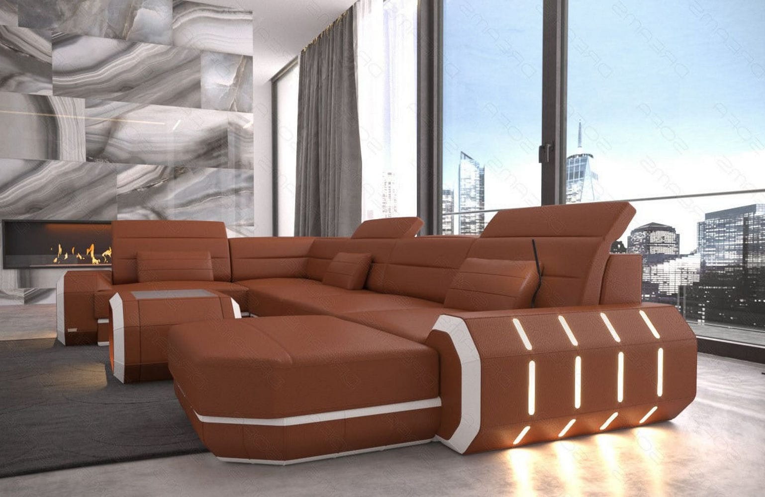 Mini XL Wohnlandschaft Roma U-Form mit LED-Beleuchtung Hellbraun-Weiß