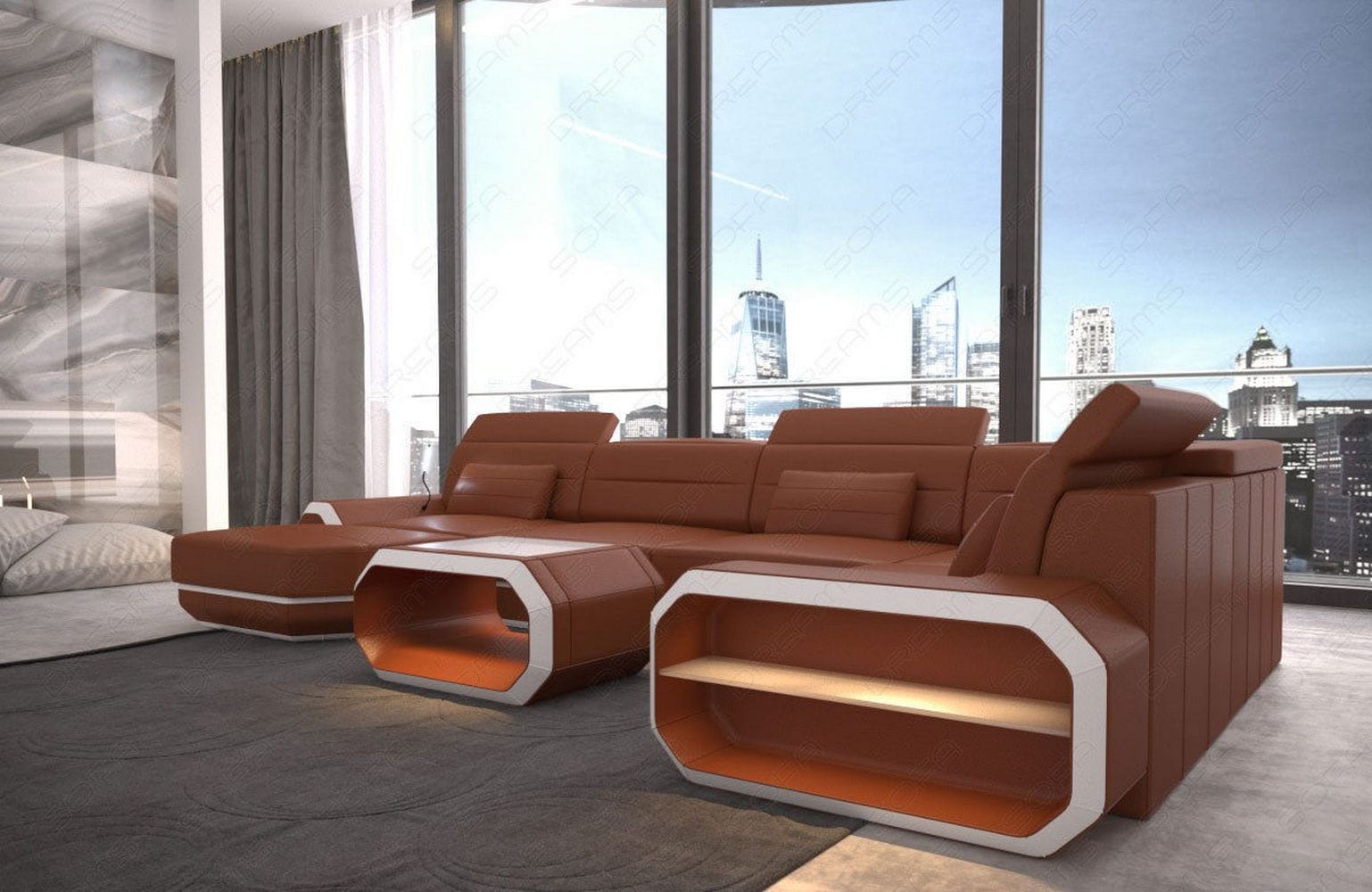 Mini Wohnlandschaft Roma XL in Leder hellbraun-weiß