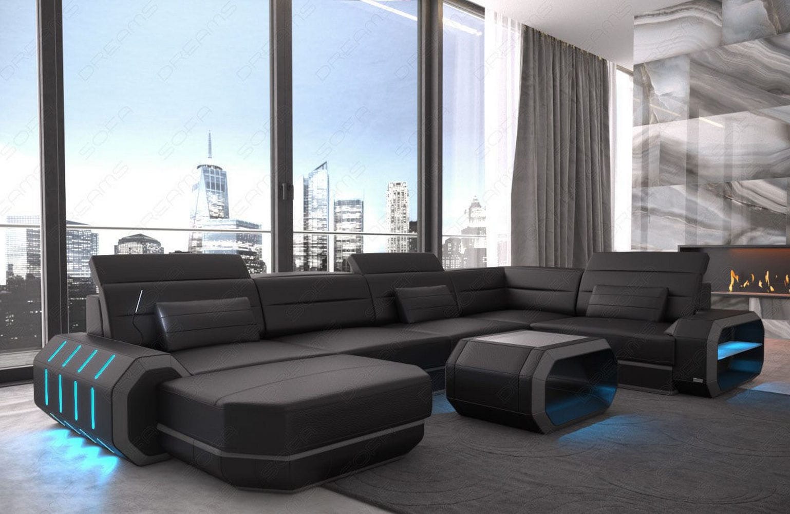 Mini Wohnlandschaft Roma XL U-Form in Leder schwarz-grau