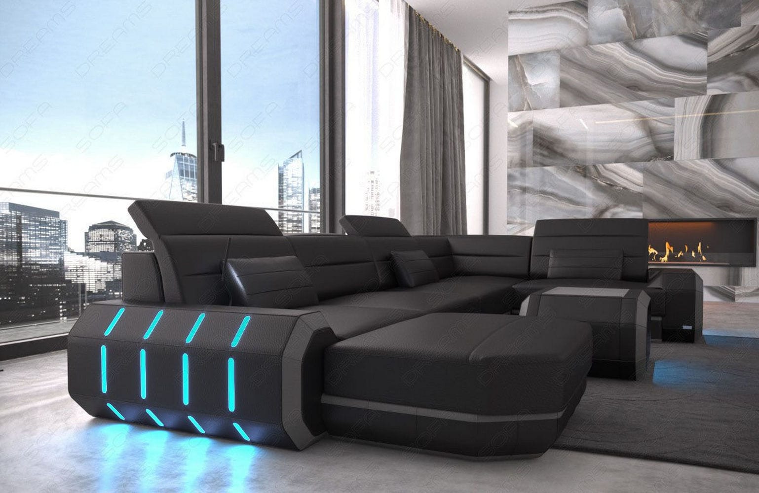 Mini Wohnlandschaft Roma XL U-Form in Leder schwarz-grau