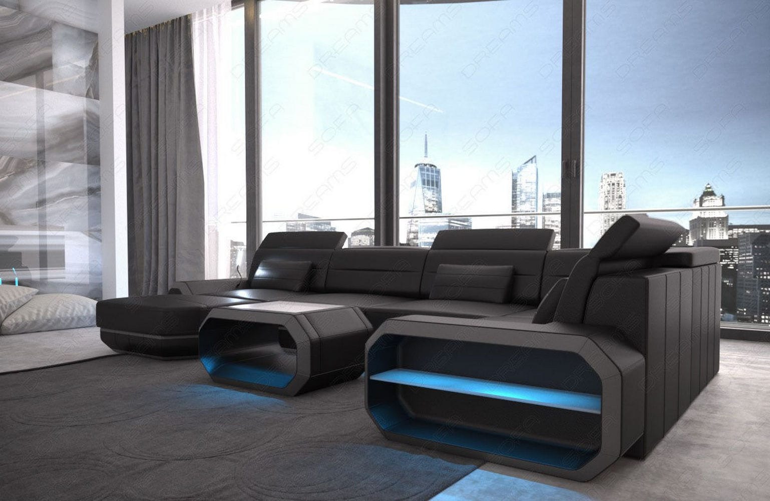 Mini Wohnlandschaft Roma XL U-Form in Leder schwarz-grau