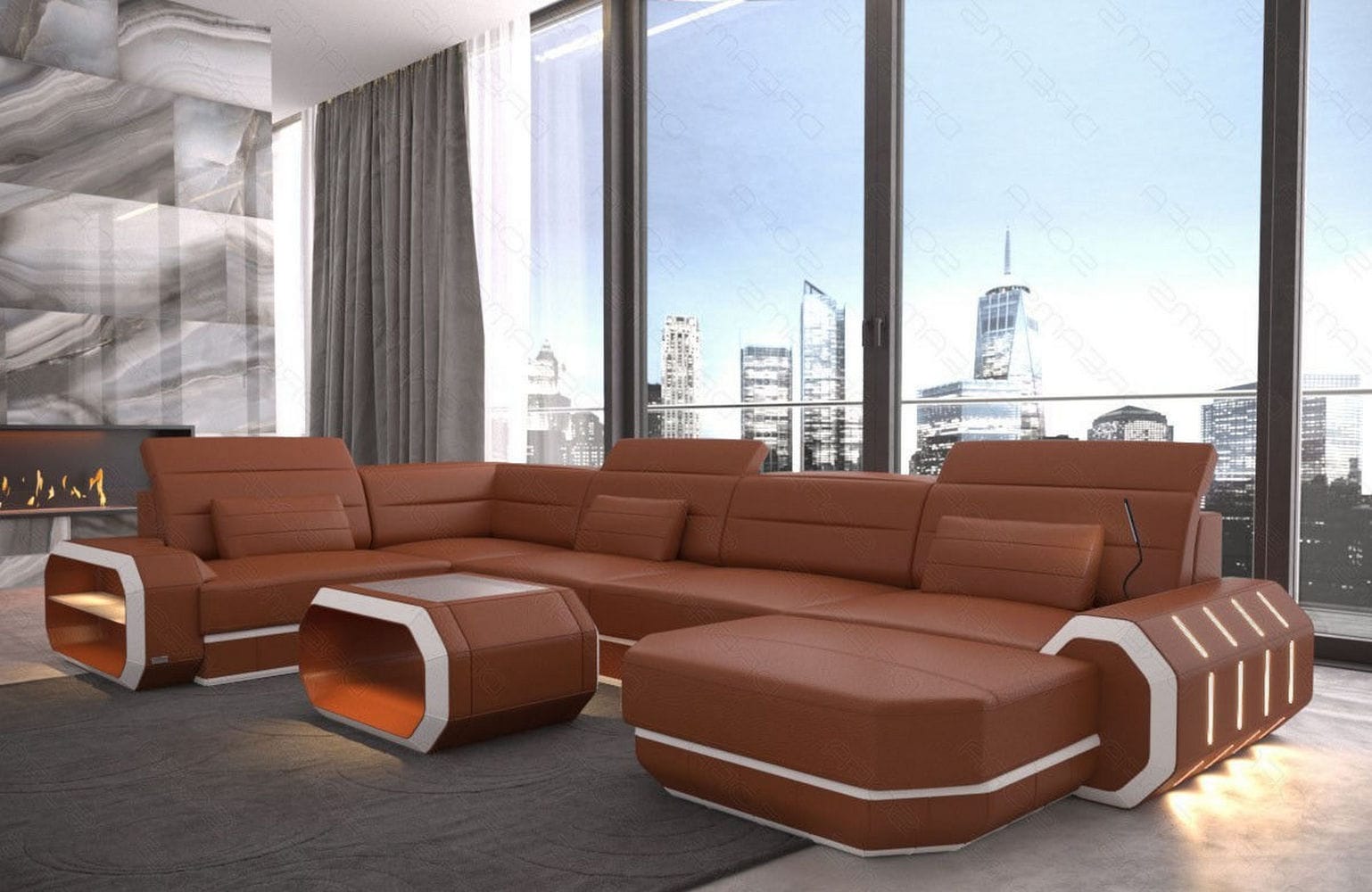 Mini XL Wohnlandschaft Roma U-Form mit LED-Beleuchtung Hellbraun-Weiß