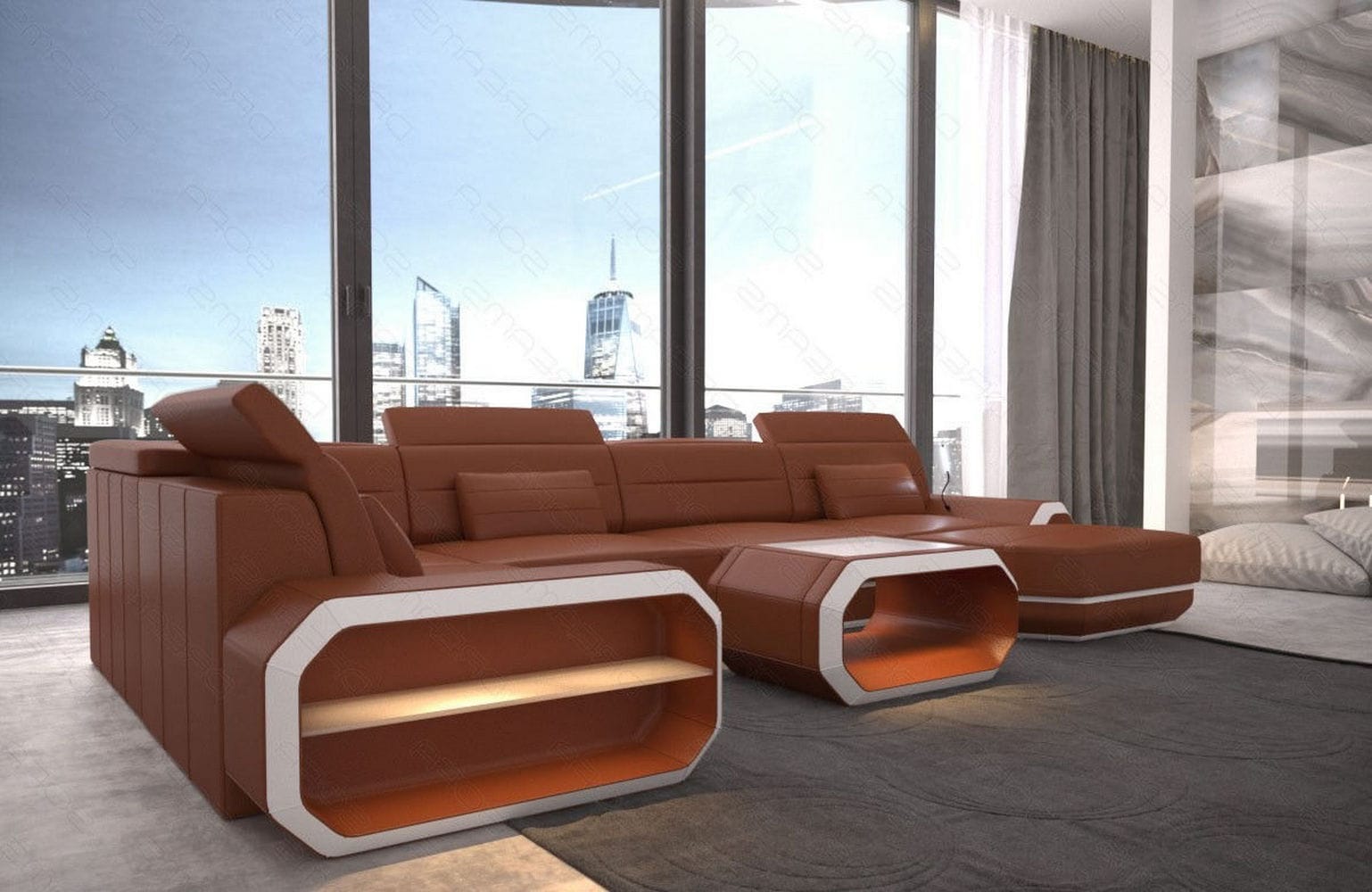 Mini XL Wohnlandschaft Roma U-Form mit LED-Beleuchtung Hellbraun-Weiß
