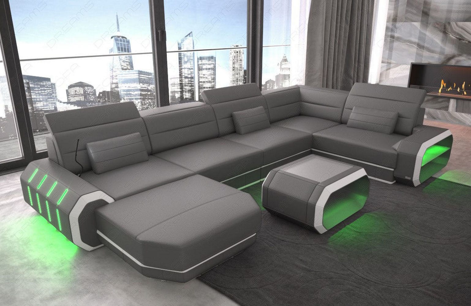 Mini Wohnlandschaft Roma XL U-Form in Leder Grau-Weiß