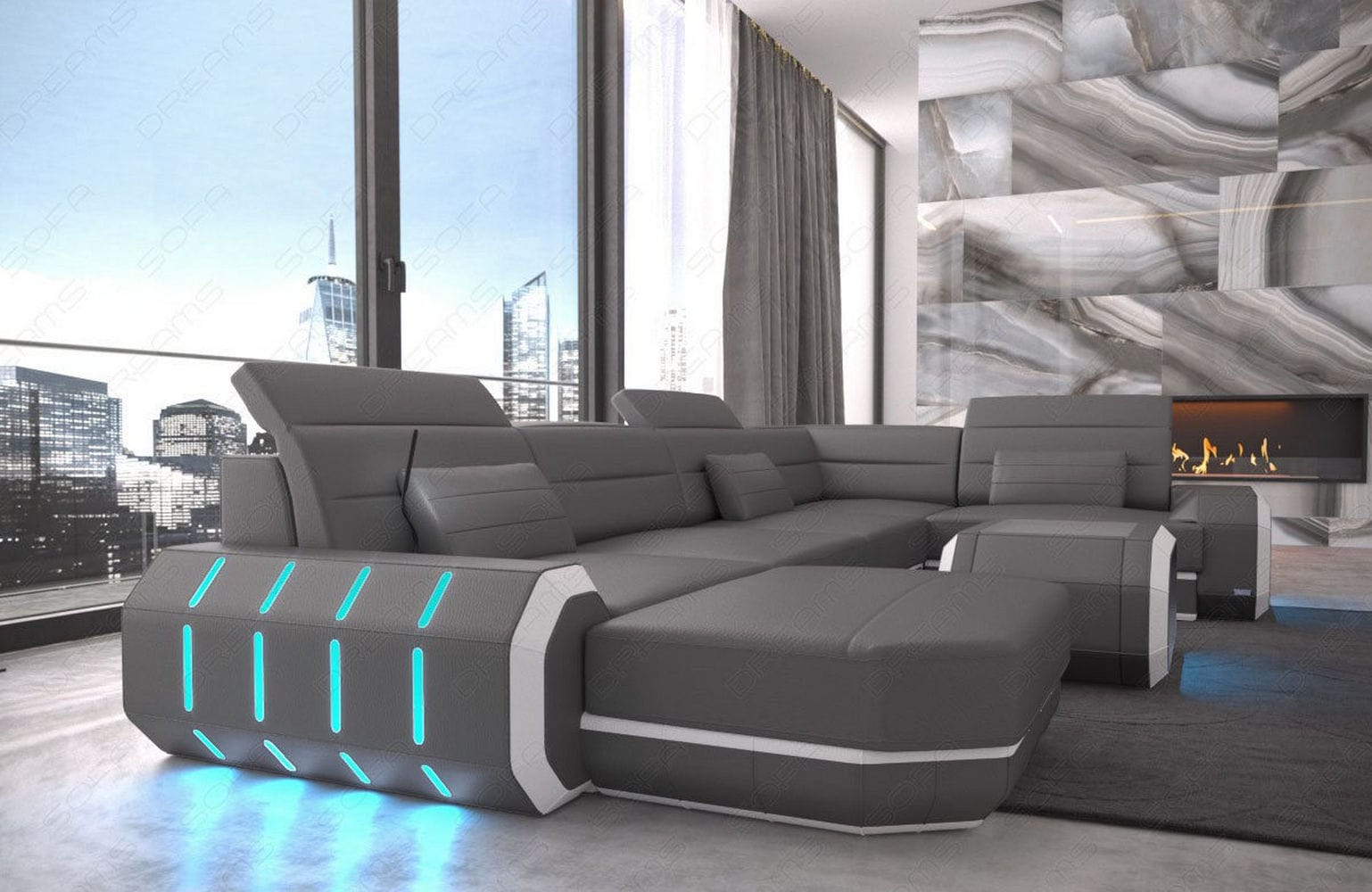 Mini Wohnlandschaft Roma XL U-Form in Leder Grau-Weiß