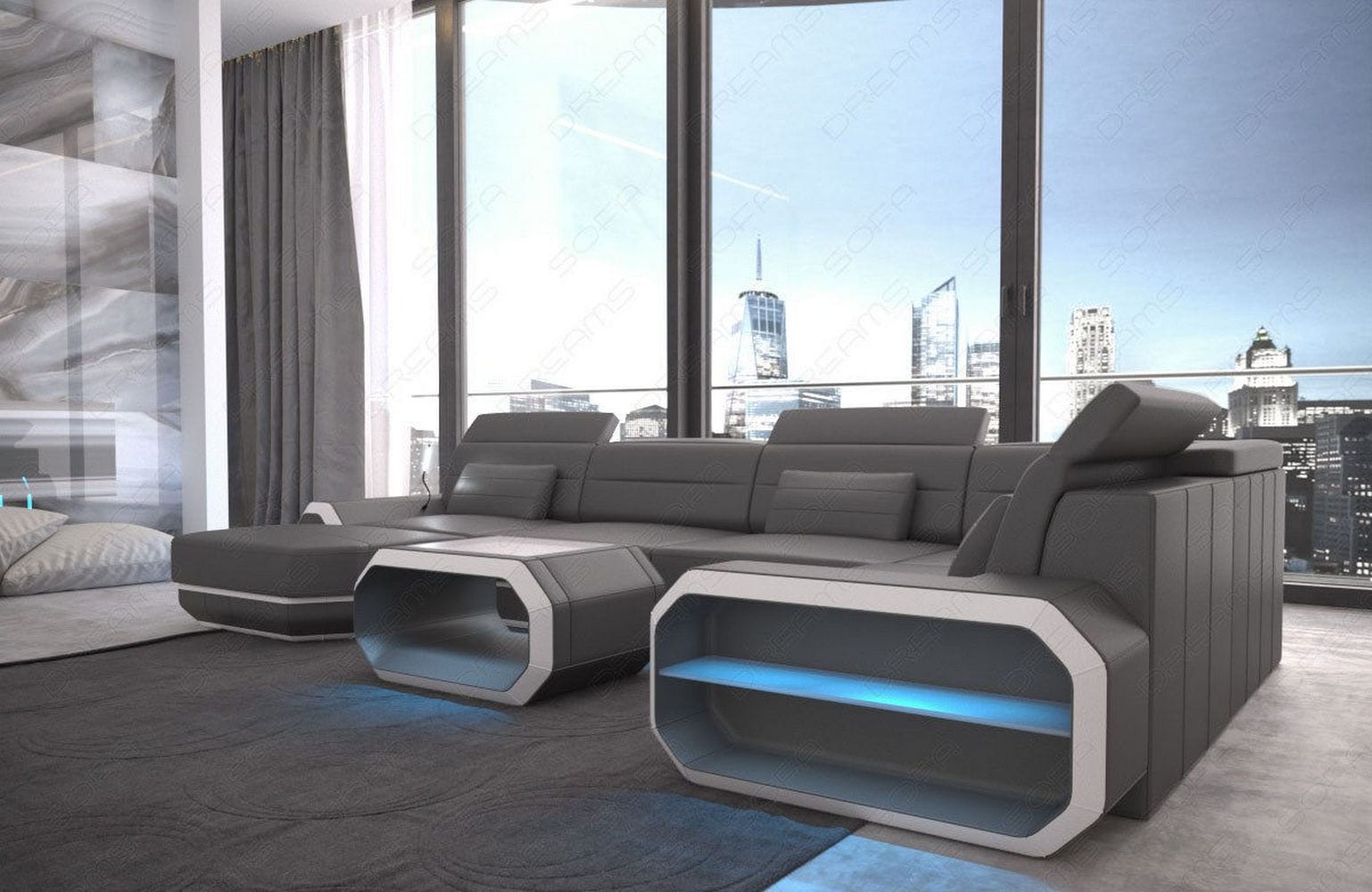 Mini Wohnlandschaft Roma XL U-Form in Leder Grau-Weiß