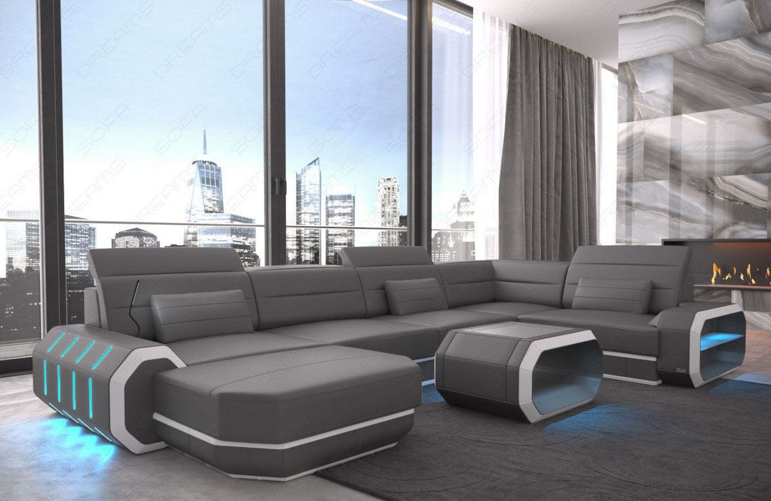 Mini Wohnlandschaft Roma XL U-Form in Leder Grau-Weiß