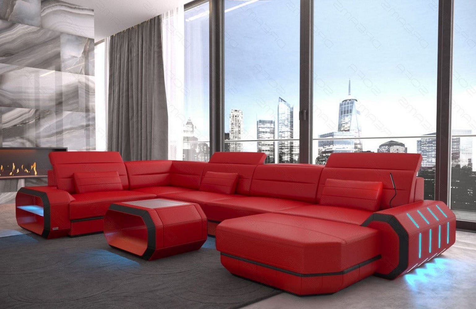 Mini Wohnlandschaft Roma XL in Leder rot-schwarz