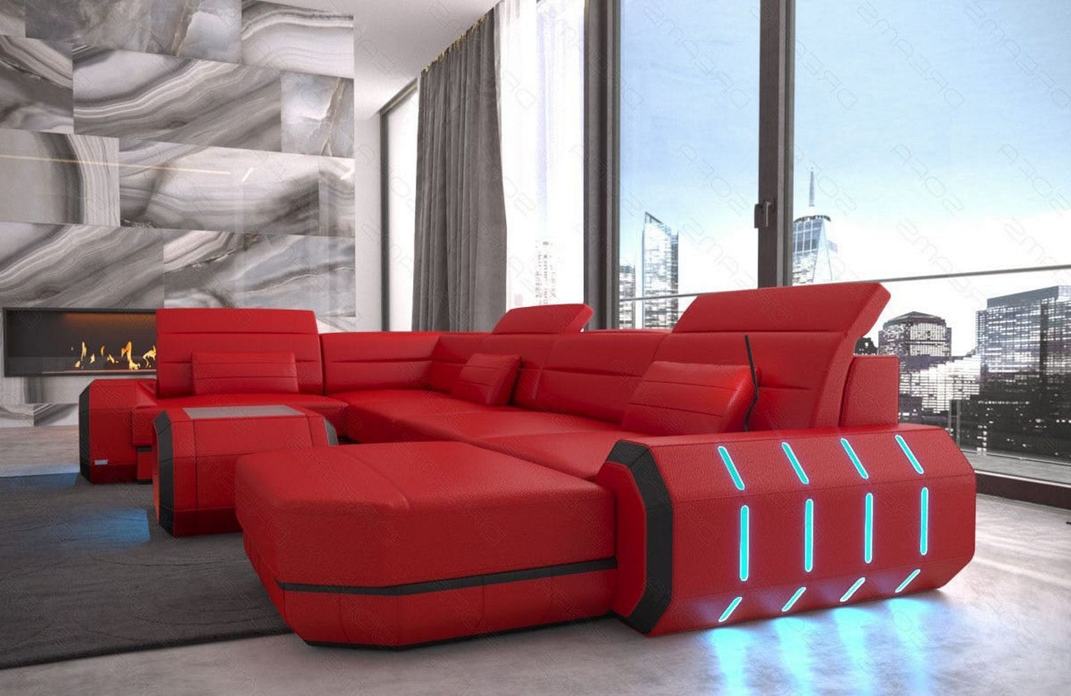 Mini Wohnlandschaft Roma XL in Leder rot-schwarz