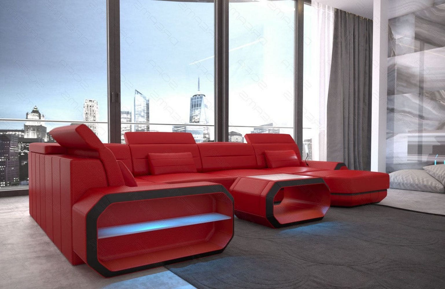 Mini Wohnlandschaft Roma XL in Leder rot-schwarz