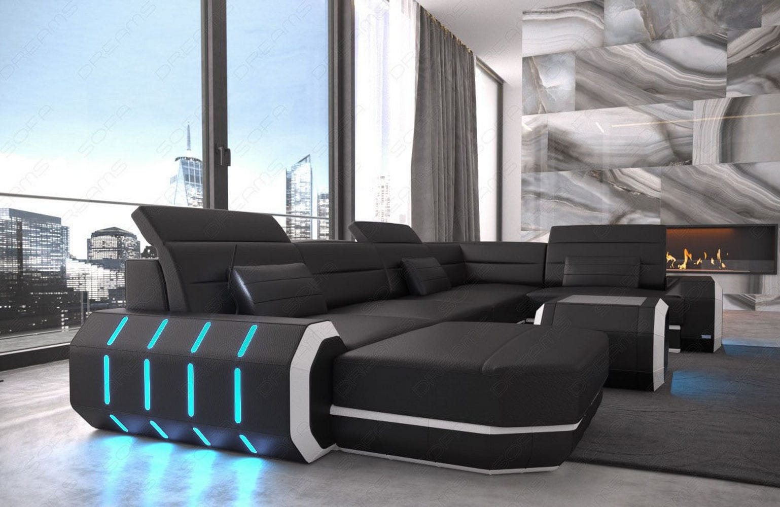 Wohnlandschaft Roma XL U-Form in Leder schwarz-weiß