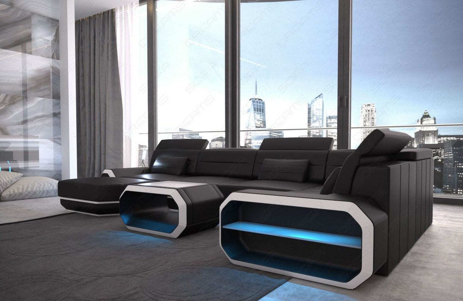 Wohnlandschaft Roma XL U-Form in Leder schwarz-weiß