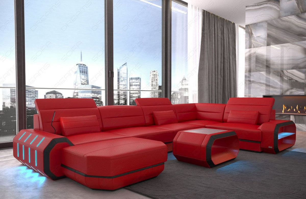 Wohnlandschaft Roma XL U-Form in Leder rot-schwarz