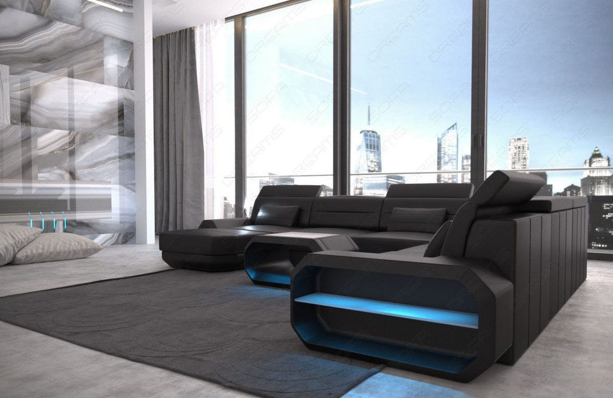 Mini XL Wohnlandschaft Roma U-Form aus Leder Schwarz