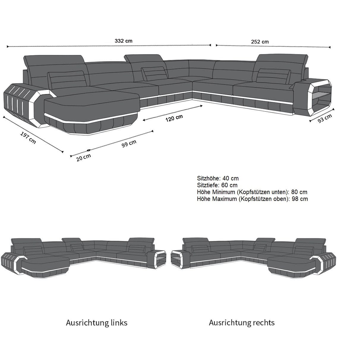 Mini XL Wohnlandschaft Roma U-Form aus Leder Schwarz