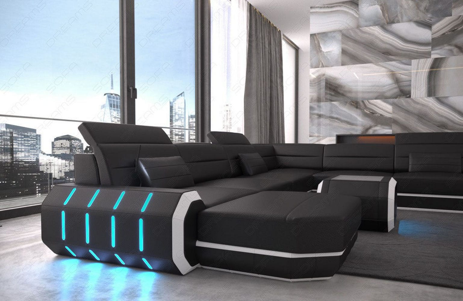 XL Wohnlandschaft Roma mit LED – Komfort & Stil schwarz-weiß