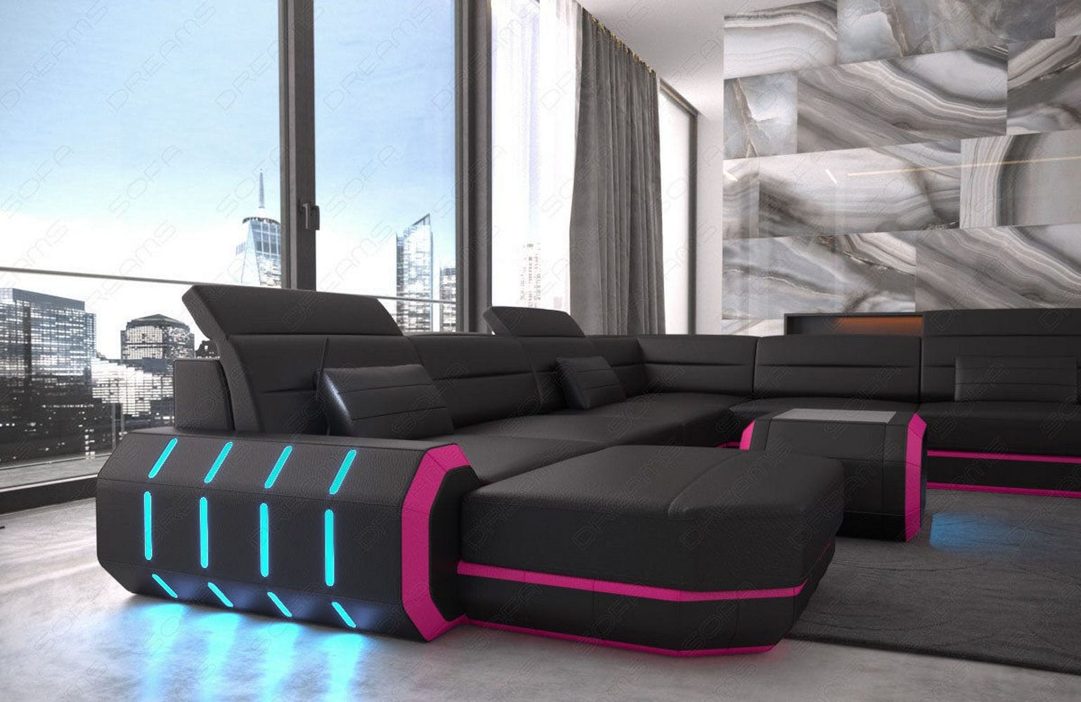 XL Wohnlandschaft Roma mit LED – Komfort & Stil schwarz-pink