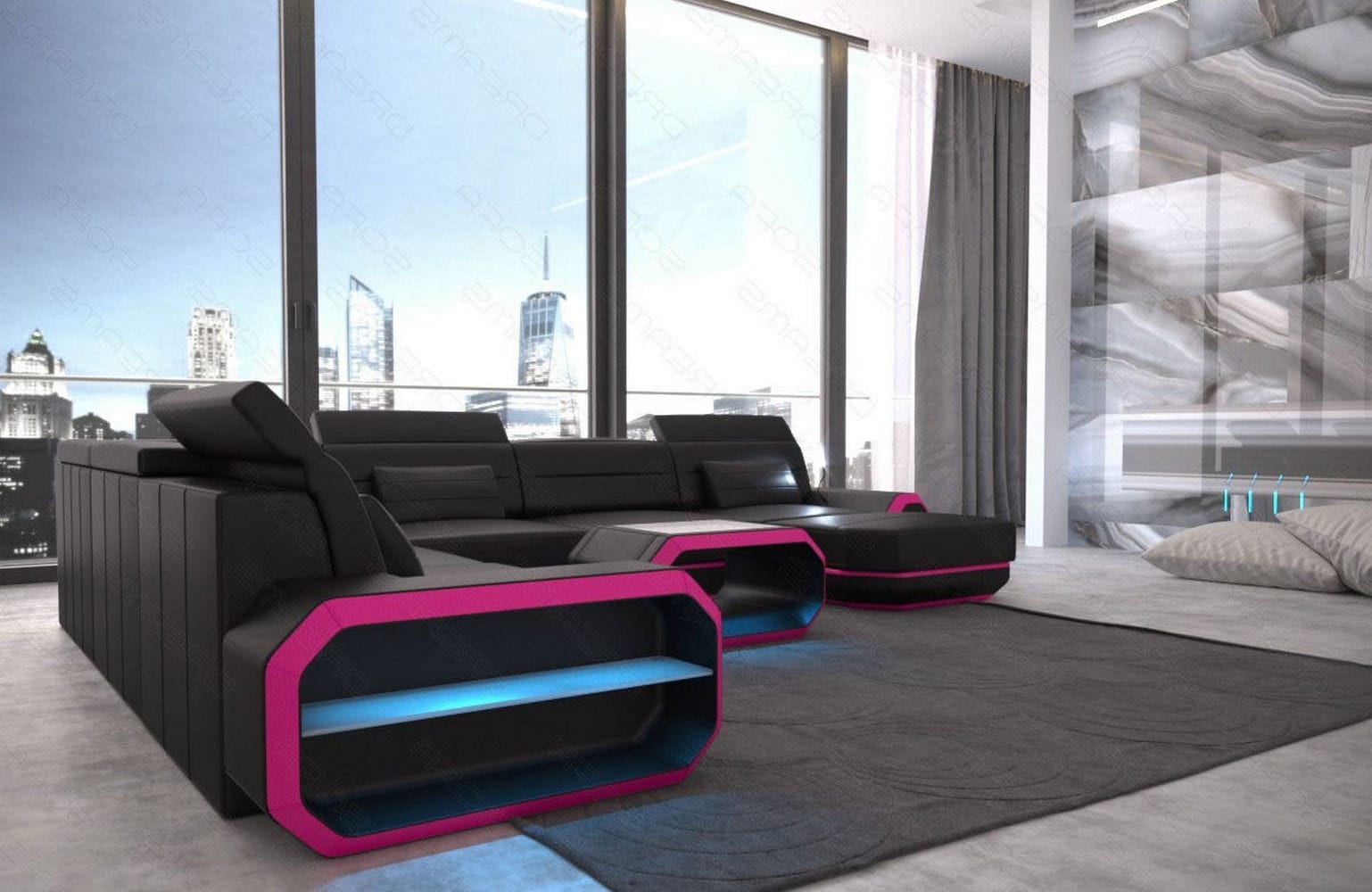 XL Wohnlandschaft Roma mit LED – Komfort & Stil schwarz-pink