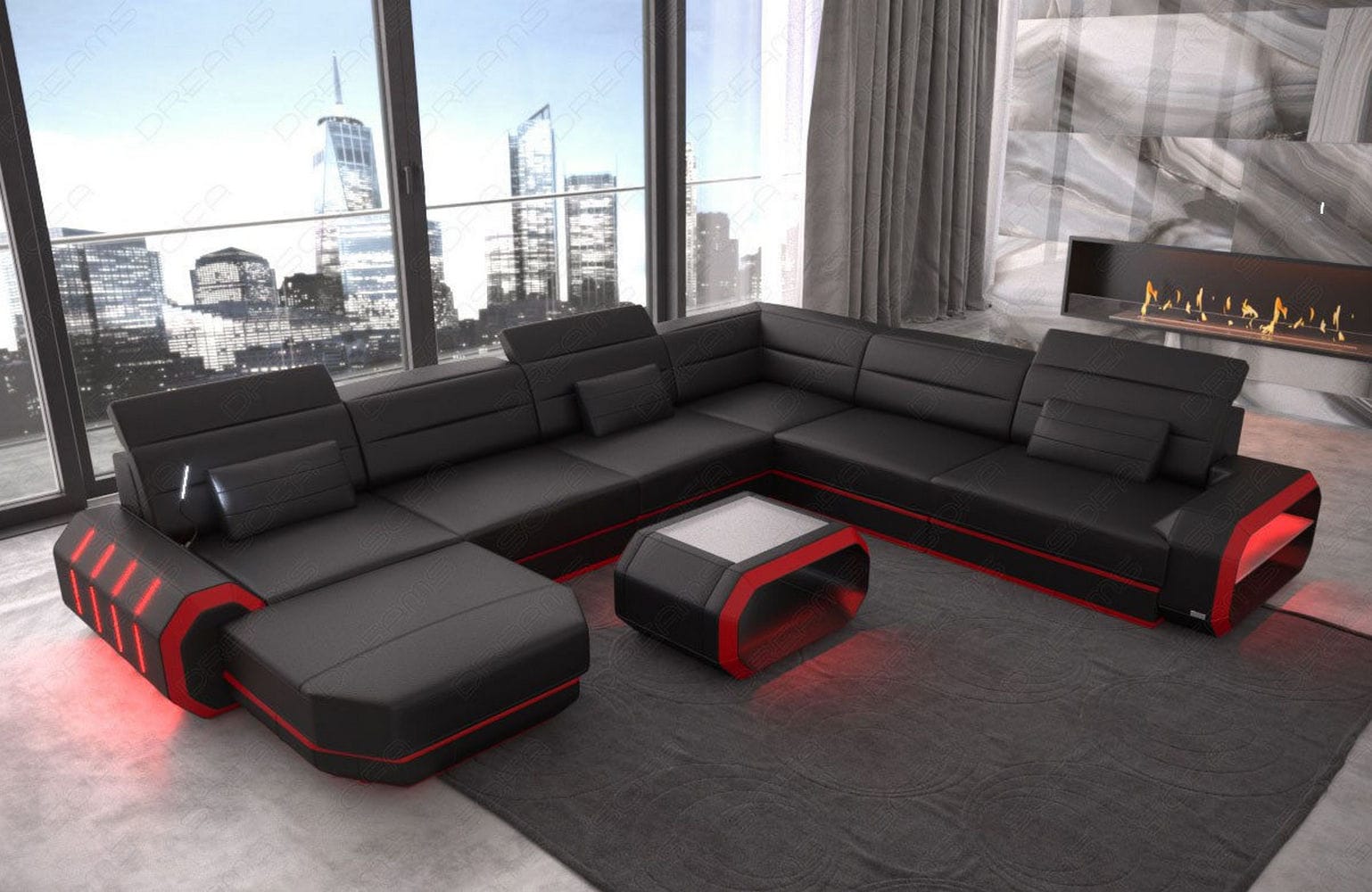 XL Wohnlandschaft Roma mit LED – Komfort & Stil schwarz-rot